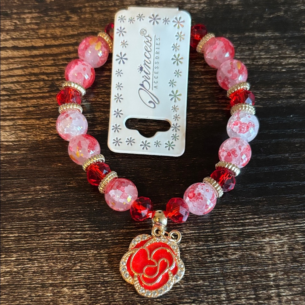 Princess Red and‎ White Beaded Bracelet with Rose Charm
